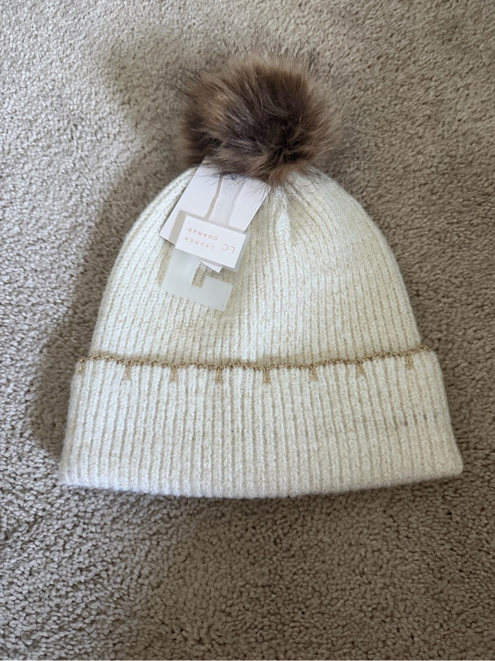 Lauren Conrad Cream Knit Kids Pom Pom Beanie with Brown Faux Fur
